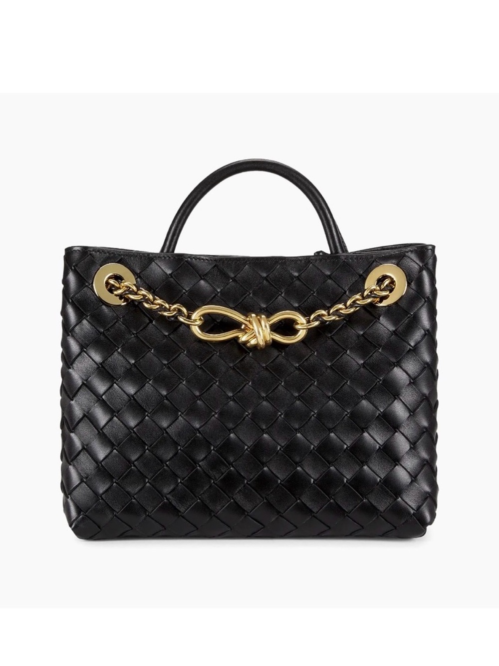 Bottega Veneta Black Intrecciato Leather Tote with Gold Chain Knot